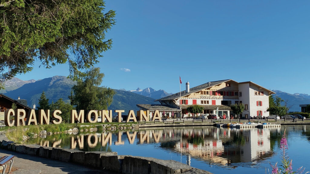 View of Crans-Montana ski resort in the Swiss Alps with snow-covered mountains